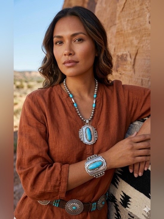 Native American Jewelry - Running Bear Navajo Native American Sterling Silver Turquoise Cuff Bracelet 7"